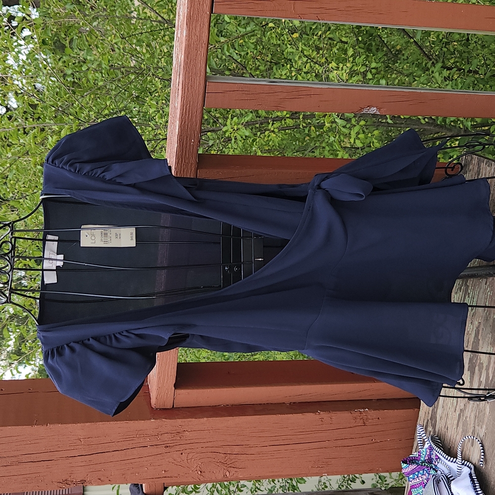 Loft wrap around navy blouse